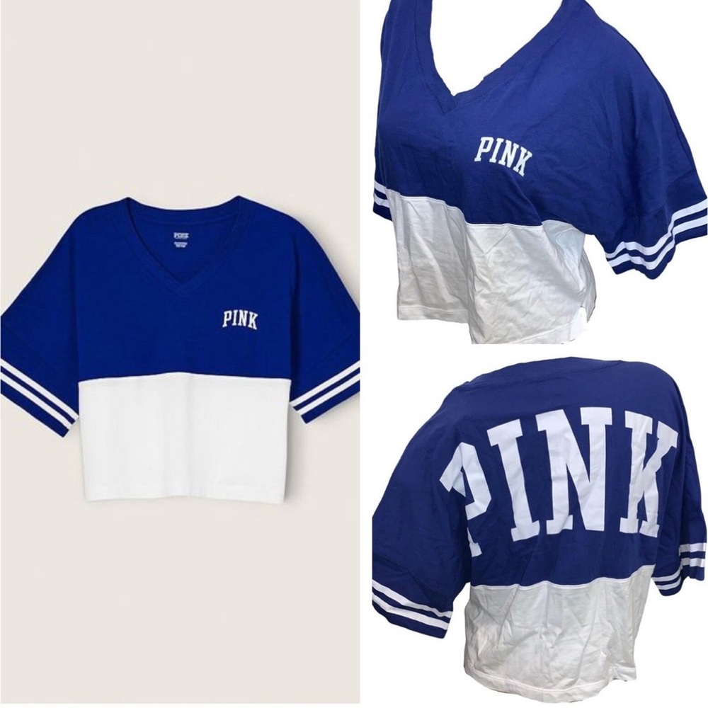 PINK Victoria's Secret Blue and White V-Neck Top